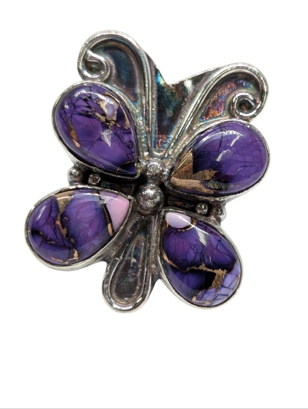 Handcrafted Artisan Purple Copper Turquoise 925 Sterling Silver Butterfly Ring